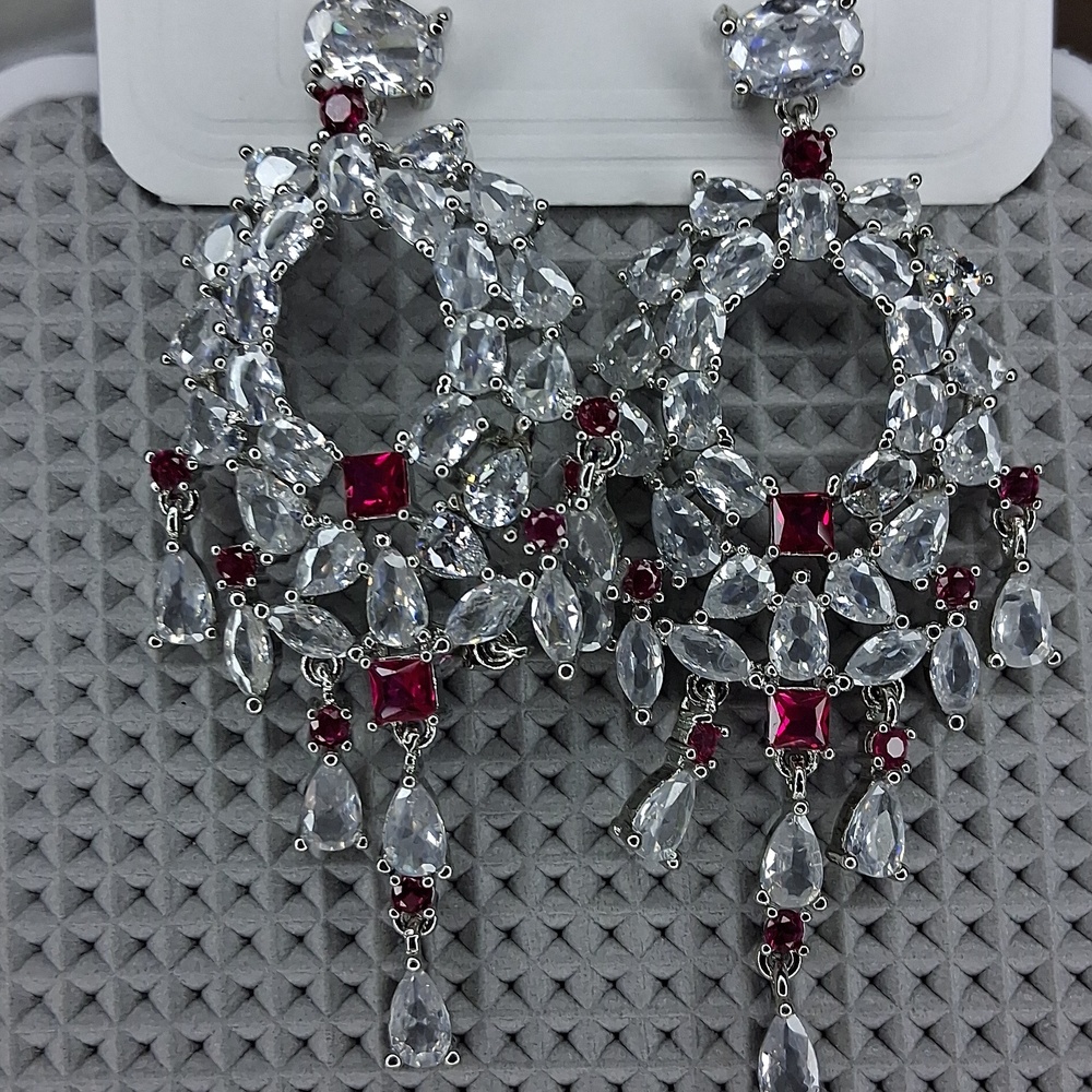 18k White Gold Plated With Pink Stones And Clear Cubic Zirconia Dangle Earrings